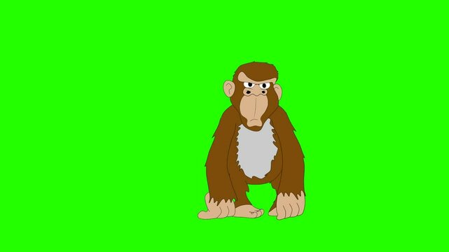 2d animated character of  A sleeping brown monkey or gorilla or chimpanzee suddenly wakes up angrily due to a noise and stands up. in green screen background chroma key.