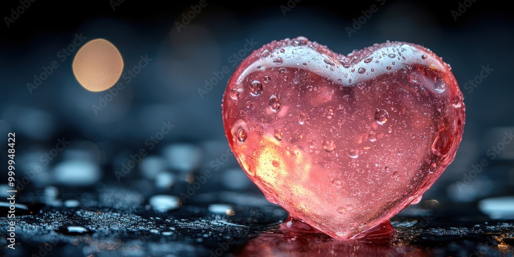 Poster a crystal heart covered in dew drops sits on a wet surface, reflecting the soft glow of a nearby lig