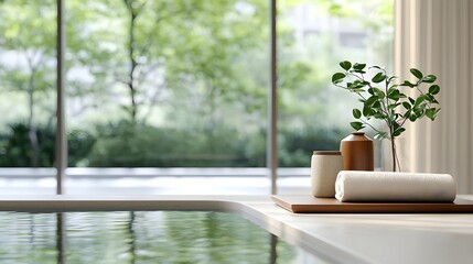 Fototapeta premium Nature-Inspired Spa Retreat - Tranquil Zen Garden with Lush Greenery and Serene Water Features for Relaxation and Rejuvenation in a Calming Atmosphere