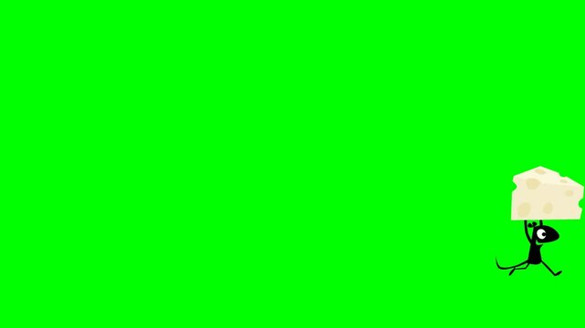2d animated character of  black mouse hamster that is stealing big white cheese mold escapes, escape from mouse trap, robbery chees house. in green screen background chroma key.
