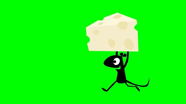 2d animated character of  black mouse hamster that is stealing big white cheese mold escapes, escape from mouse trap, robbery chees house. in green screen background chroma key.