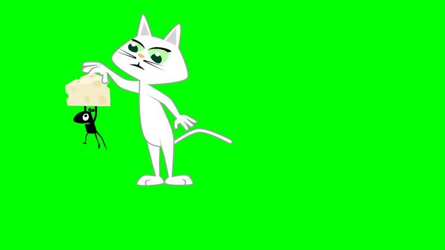 2d animated character of  white cat is hunting escaping hamster mouse while mouse has stolen white mold of cheese from mouse trap and run. in green screen background chroma key.