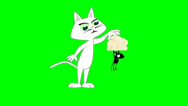 2d animated character of  white cat is hunting escaping hamster mouse while mouse has stolen white mold of cheese from mouse trap and run. in green screen background chroma key.