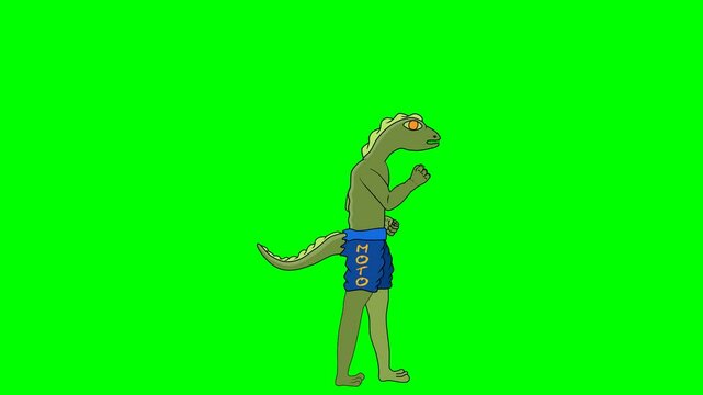 2d animated character of  lizard crocodile doing martial art or boxing standing on two leg, wearing blue sport short, performing technique. in green screen background chroma key.