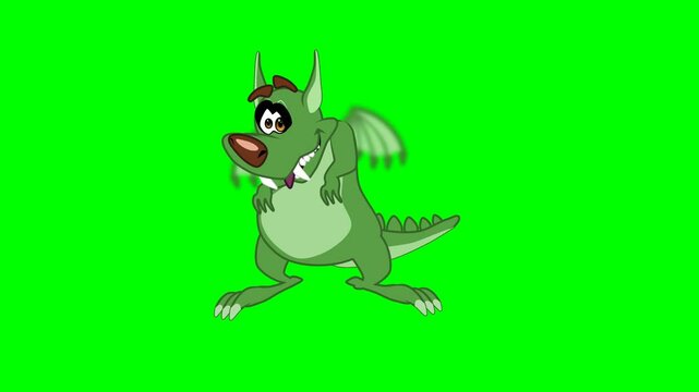2d animated character of  Green bird dinosaur character is flying flapping and scratching his body, sharp teeth, funny, emoticon, cute. in green screen background chroma key.