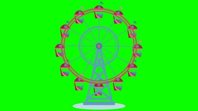 2d animated character of Carousel empty of people turning to the right and at high speed, with blue, red and pink colors, amusement park . in green screen background chroma key.