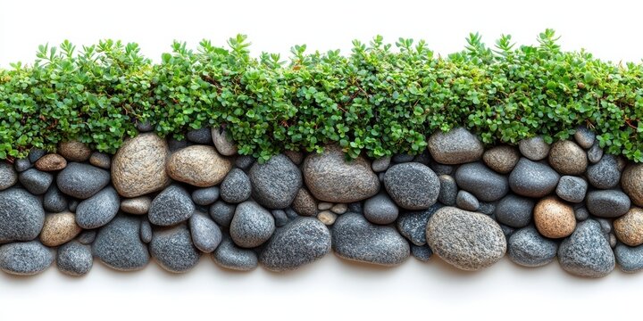 A seamless border of smooth, grey and brown river rocks with a lush green border of delicate foliage