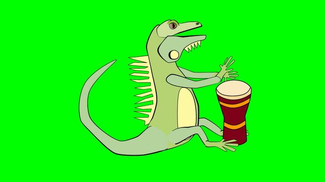 2d animated character of lizard crocodile chameleon is drumming with tempo instrument at same time, it sounds grooves on back with tail . in green screen background chroma key.