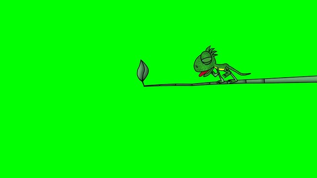2d animated character of chameleon lizard toad is walking towards leaf at tip of branch, lizard is thrown into sky by energy of tree . in green screen background chroma key.