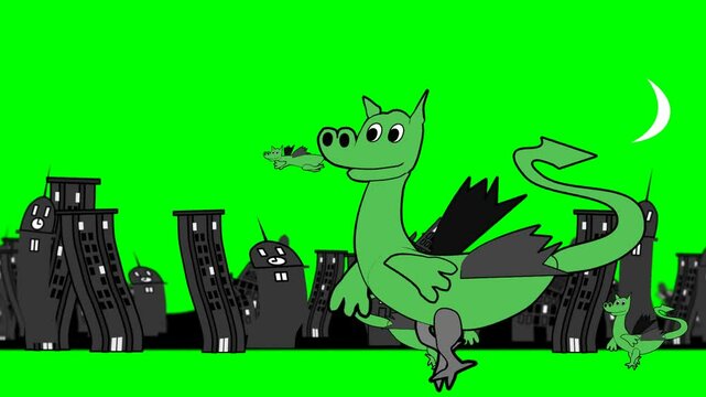 2d animated character of strange city of flying green dinosaurs flying in sky or walking on ground and shaking buildings, Small and large . in green screen background chroma key.