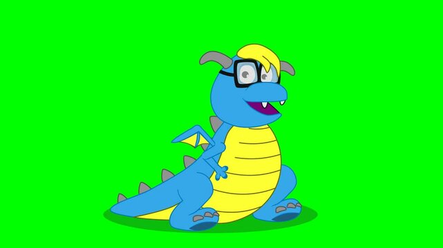 2d animated character of a blue dinosaur glasses thinks himself and tries fly many times but fails completely separate from ground, shadow . in green screen background chroma key.