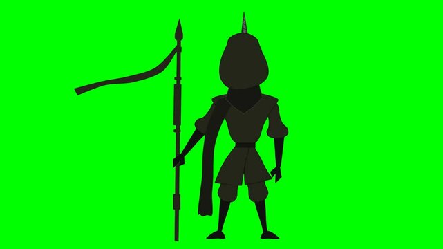 2d animated character of Shadow of black horned soldier or warrior standing with a spear in his hand and a gentle wind blowing, fighter . in green screen background chroma key.