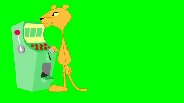 2d animated character of pink or orange leopard that walks on its two legs throws coin into game machine and wins, but gets angry punches . in green screen background chroma key.