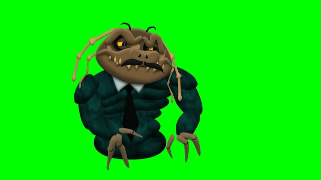 2d animated character of green Frog toad monster alligator? ugly and scary horned lizard, talking while lying on ground and has no legs . in green screen background chroma key.