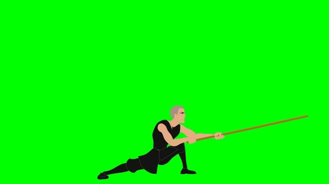 2d animated character of character of a man in black clothes doing martial arts and sports and turning brown stick in different ways, bo . in green screen background chroma key.