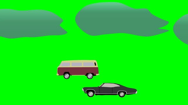 2d animated character of Race of two four-wheeled cars, brown black buses minibuses on road highway, fast movement of clouds . in green screen background chroma key.