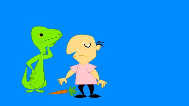 2d animated character of  A bald man in a pink dress next to a green lizard character standing on two legs with a yellow and orange carrot. in green screen background chroma key.