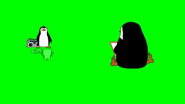 2d animated character of  A penguin working with a laptop or computer designing a website or programming, and a penguin with a tape recorder or band waving bye-bye. 