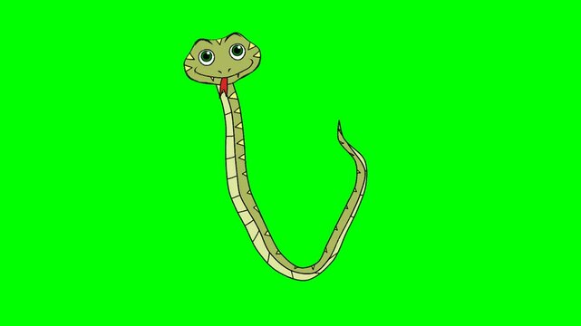 2d animated character of  The green snake or worm or lizard is smiling and about to bite, looking around and talking. in green screen background chroma key.