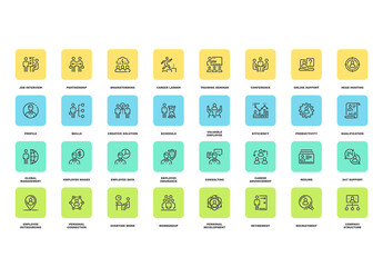 Vector set of corporate management flat line web icons. Each icon with adjustable strokes neatly designed on pixel perfect 48X48 size grid. Fully editable and easy to use.