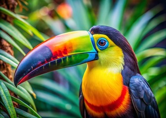 Colorful Toucan Bird Drawing with Vibrant Feathers and Distinctive Beak in a Tropical Setting
