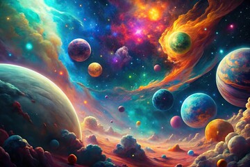 High angle vibrant wallpaper of a colorful space with swirling patterns