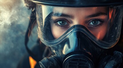 Close-up of a person in a gas mask, emphasizing eyes and protective gear in a smoky environment.