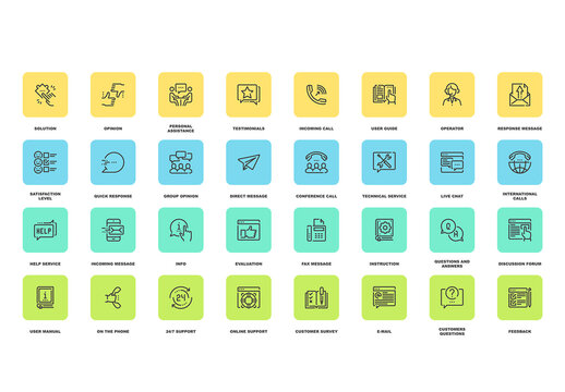 Vector set of customer service flat line web icons. Each icon with adjustable strokes neatly designed on pixel perfect 48X48 size grid. Fully editable and easy to use.