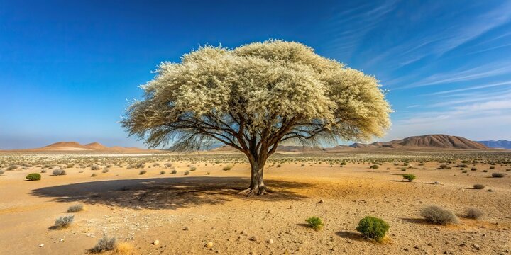 High angle view of a big flowering Prosopis cineraria tree in a desert field