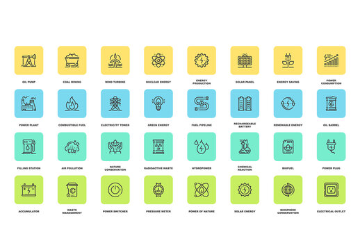 Vector set of energy industry flat line web icons. Each icon with adjustable strokes neatly designed on pixel perfect 48X48 size grid. Fully editable and easy to use.