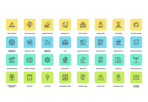 Vector set of tourism and traveling flat line web icons. Each icon with adjustable strokes neatly designed on pixel perfect 48X48 size grid. Fully editable and easy to use.