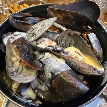 Full frame close-up of mussels with white wine, shallots, cream and french fries
