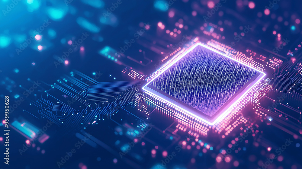 Poster brightly glowing ai chip on light circuit board on technology blue background. cpu processor or semi