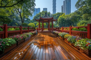 Urban Outdoor Plaza with Wooden Floor, Green Trees, Red Railings, and Exquisite Gazebo in Shanghai City Center