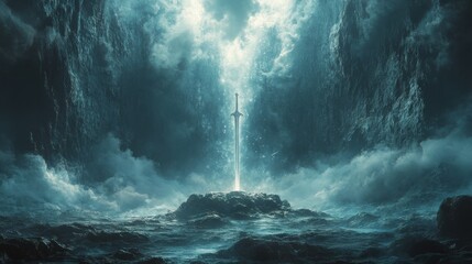 Fototapeta premium A gleaming sword rises from the stormy sea, illuminated by a mysterious light source.