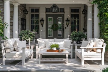 Fototapeta premium Elegant Outdoor Furniture Set with White Frame, Wood Seating, and Beige Cushions on Lush Patio