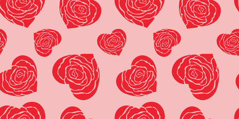 seamless pattern with roses in hearts, red flowers in heart shape on pink background, vector illustration, template for print,textile, wrapping paper, valentine´s day,mother`s day,wallpaper