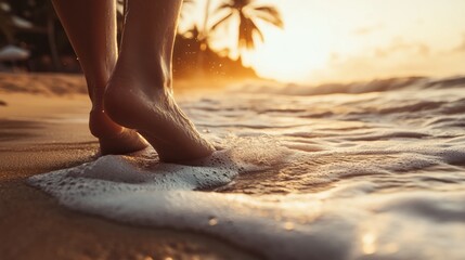 A tranquil sunset scene captures a person's feet wading in gentle waves, framed by a tropical beach and palm trees.