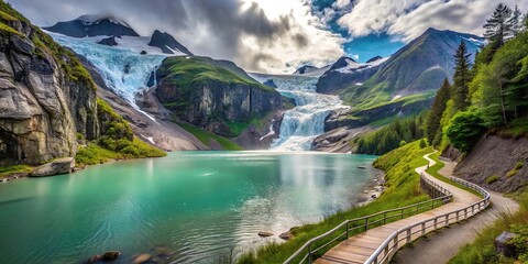 High angle view of a lakeside pathway leading to a waterfall and glacier