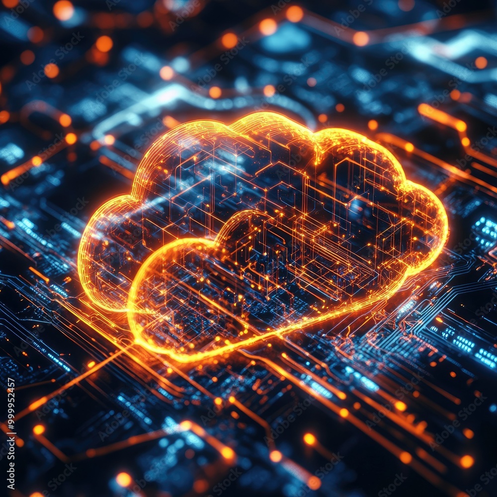 Poster digital cloud symbol connected to a network of glowing circuits, symbolizing cloud computing infrast
