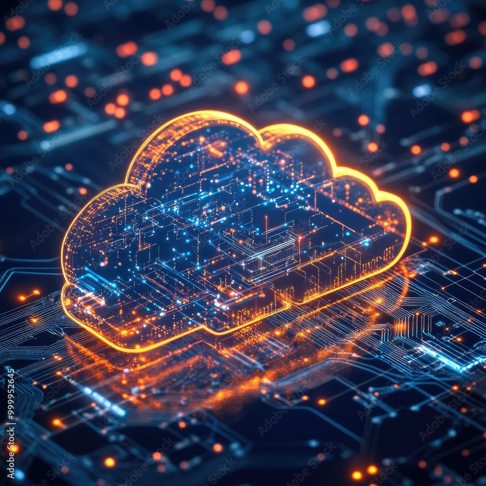 Poster digital cloud symbol connected to a network of glowing circuits, symbolizing cloud computing infrast