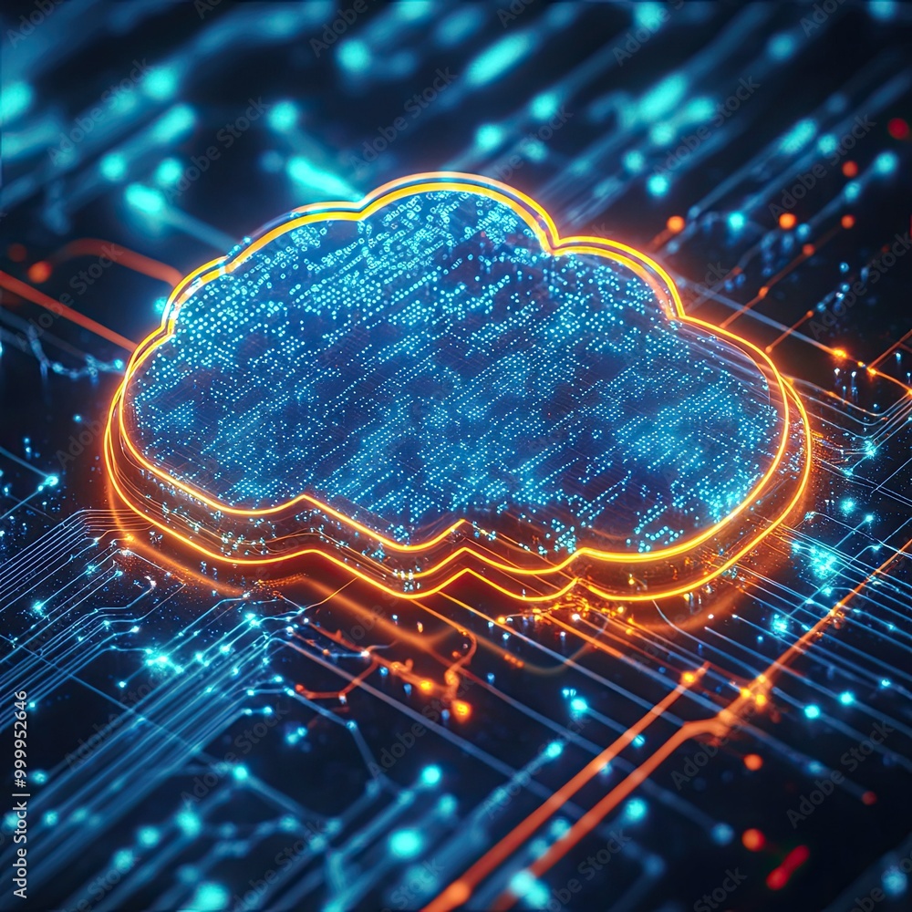 Poster digital cloud symbol connected to a network of glowing circuits, symbolizing cloud computing infrast