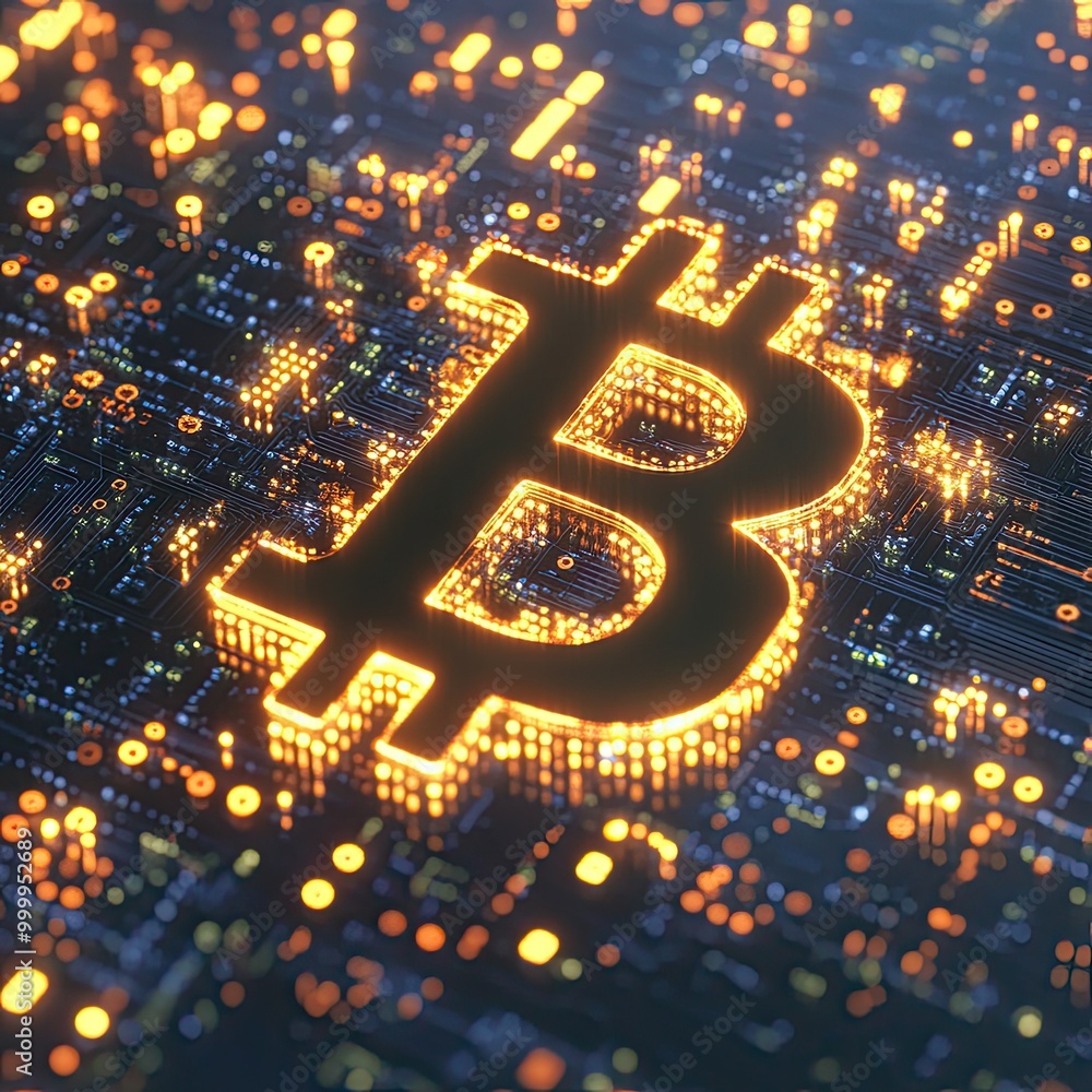 Poster digital currency symbol floating in a 3d grid of glowing nodes, representing cryptocurrency and bloc