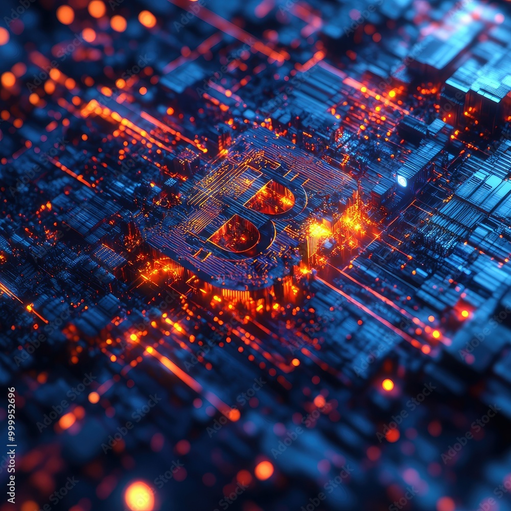 Poster digital currency symbol floating in a 3d grid of glowing nodes, representing cryptocurrency and bloc