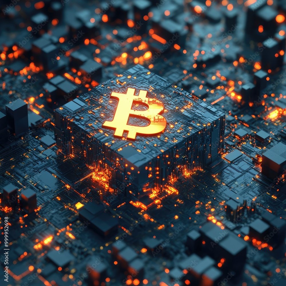 Poster digital currency symbol floating in a 3d grid of glowing nodes, representing cryptocurrency and bloc