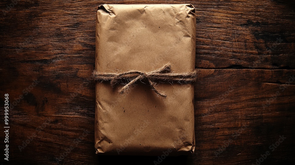 Poster a rustic brown package tied with twine on a weathered wooden surface