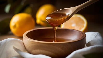 Golden Honey Cascading from a Wooden Spoon into a Bowl with Vibrant Citrus Fruits in the Background