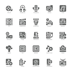 Multimedia Stuff icon pack for your website, mobile, presentation, and logo design. Multimedia Stuff icon glyph design. Vector graphics illustration and editable stroke.