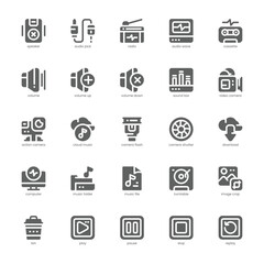 Multimedia Stuff icon pack for your website, mobile, presentation, and logo design. Multimedia Stuff icon glyph design. Vector graphics illustration and editable stroke.