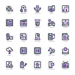 Multimedia Stuff icon pack for your website, mobile, presentation, and logo design. Multimedia Stuff icon dual tone design. Vector graphics illustration and editable stroke.